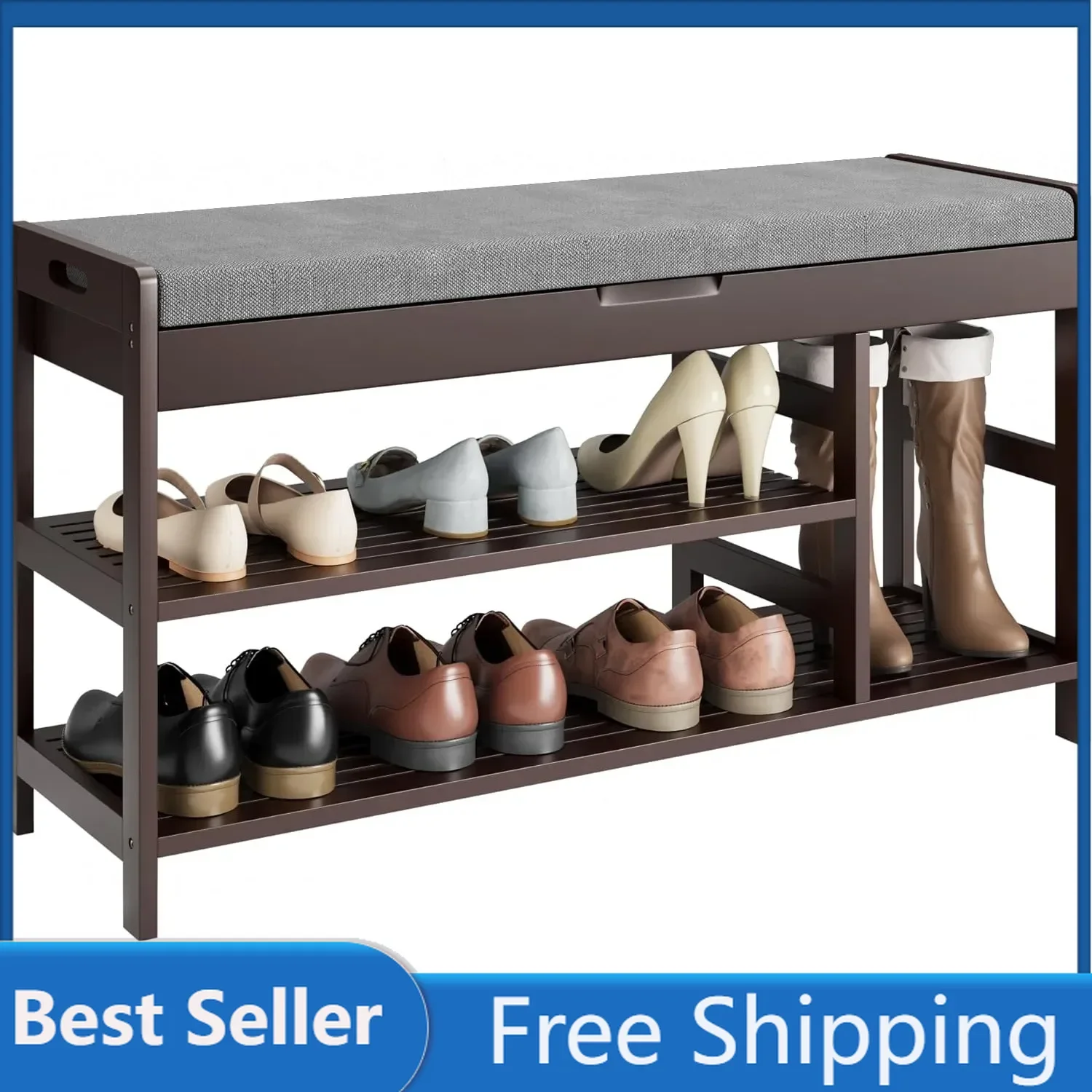 Shoe Bench, Entryway Storage Bench with Padded Cushion Bamboo Shoe Rack Bench with Flip Top for Entryway Mudroom Brown