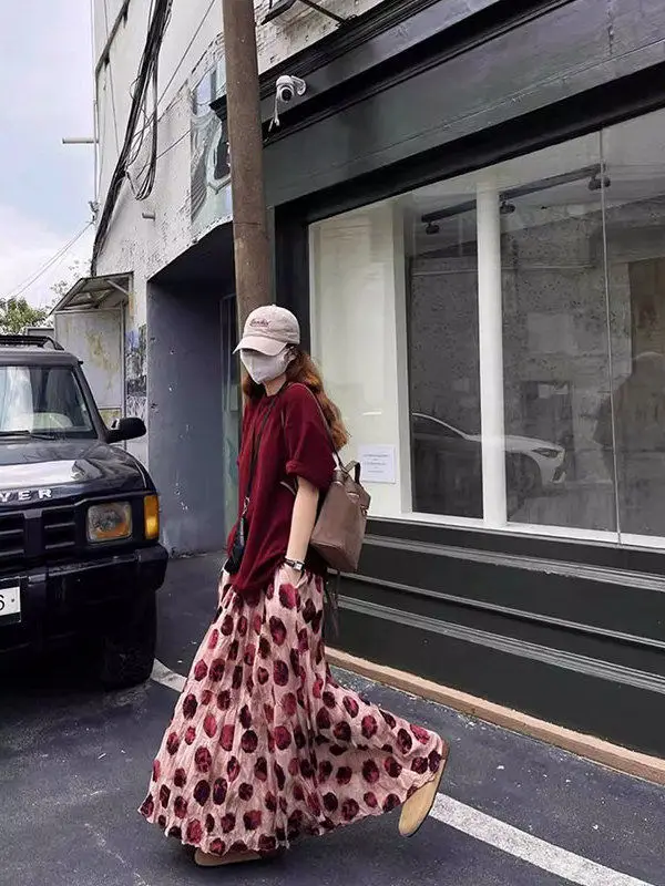 

plus Size 300 Pounds Polka Dot Pleated Half Skirt Women's Spring Autumn High Waist Slimming Long A-Line Skirt Casual Wear