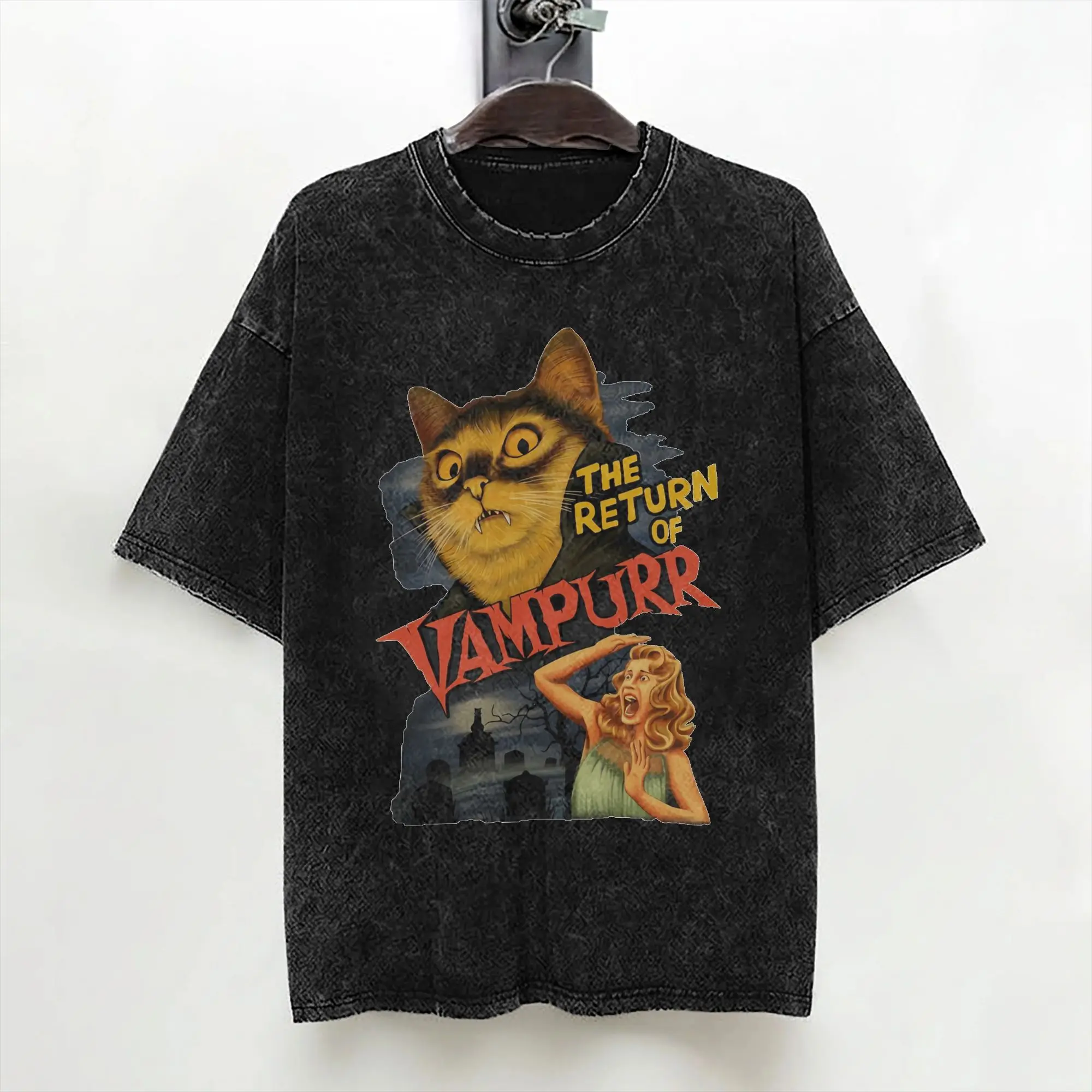 The Return of Vampurr  T Shirts Washed Short Sleeve High Street T-Shirts Halloween Cat for Men Women Streetwear Printed Tees