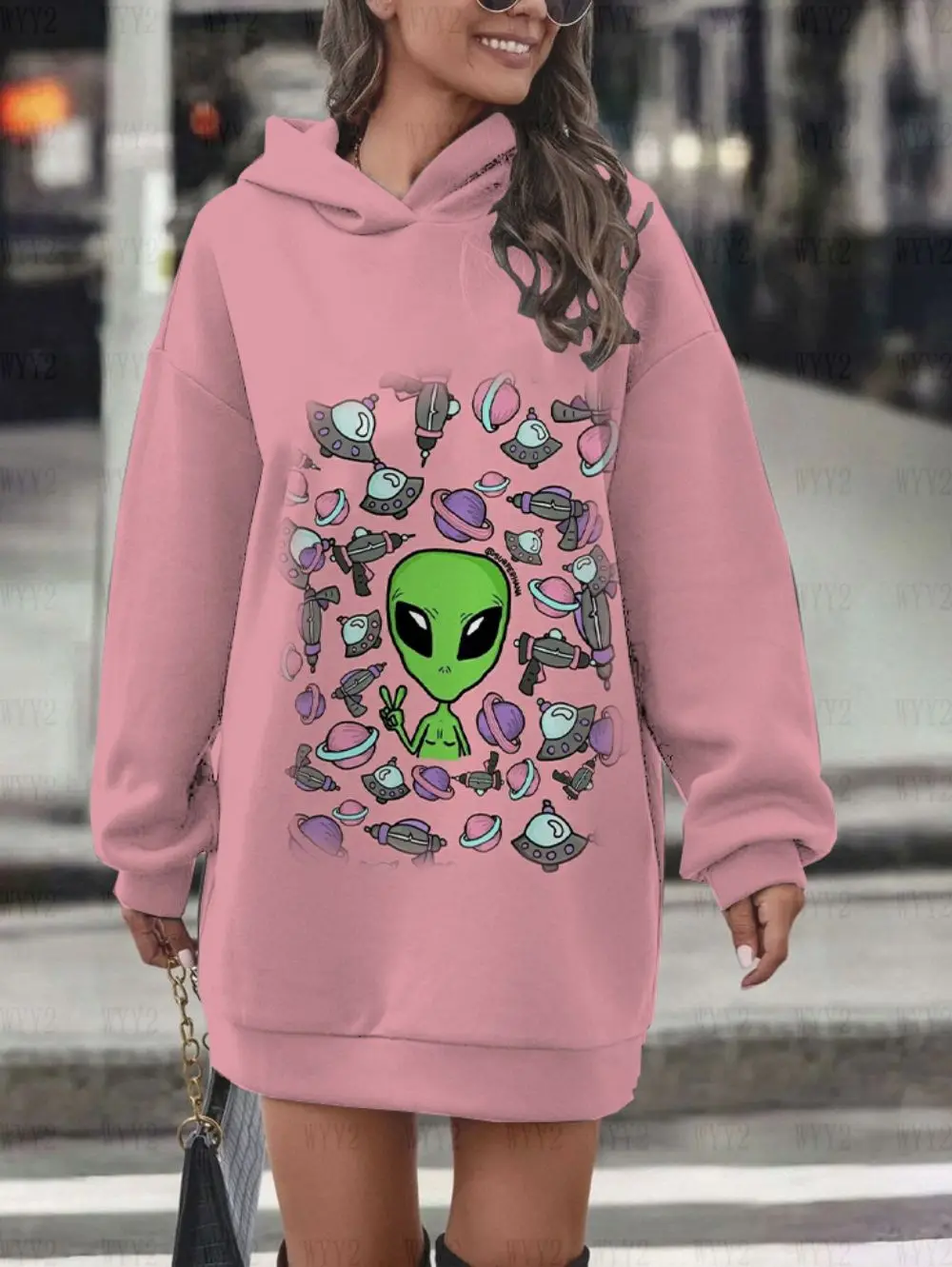 Hoodies Dress Alien Print Round Neck Long Sleeve Hooded Casual Sportswear All-match Sportswear Autumn and Winter