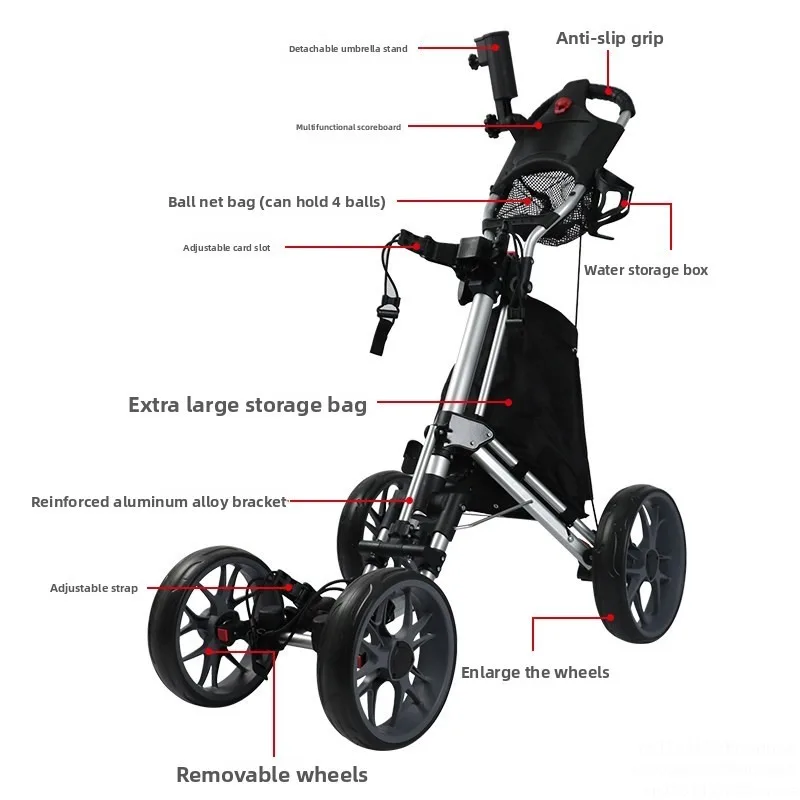 3‑Wheel Aluminum Golf Push Cart, Portable Foldable Detachable Trolley Hand‑Pull Bag Cart for Golf Course