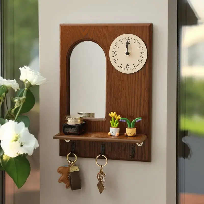New Creative Wooden Storage Shelf Wall-Mounted Clock with Mirror Durable Decorative Hanging Organizer Secure Entryway Key Hook