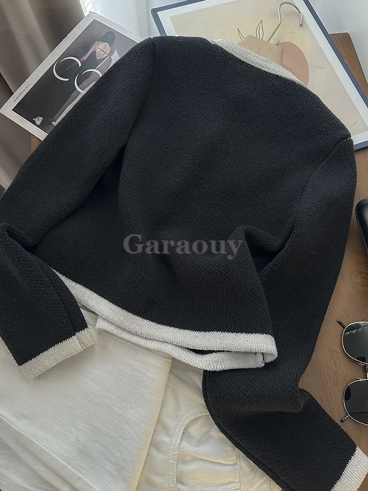 Garaouy 2024 Spring Women\'s Contrast O Neck Long Sleeve Single Breasted Knit Cardigan Coats Female Elegant Short Sweater Jackets