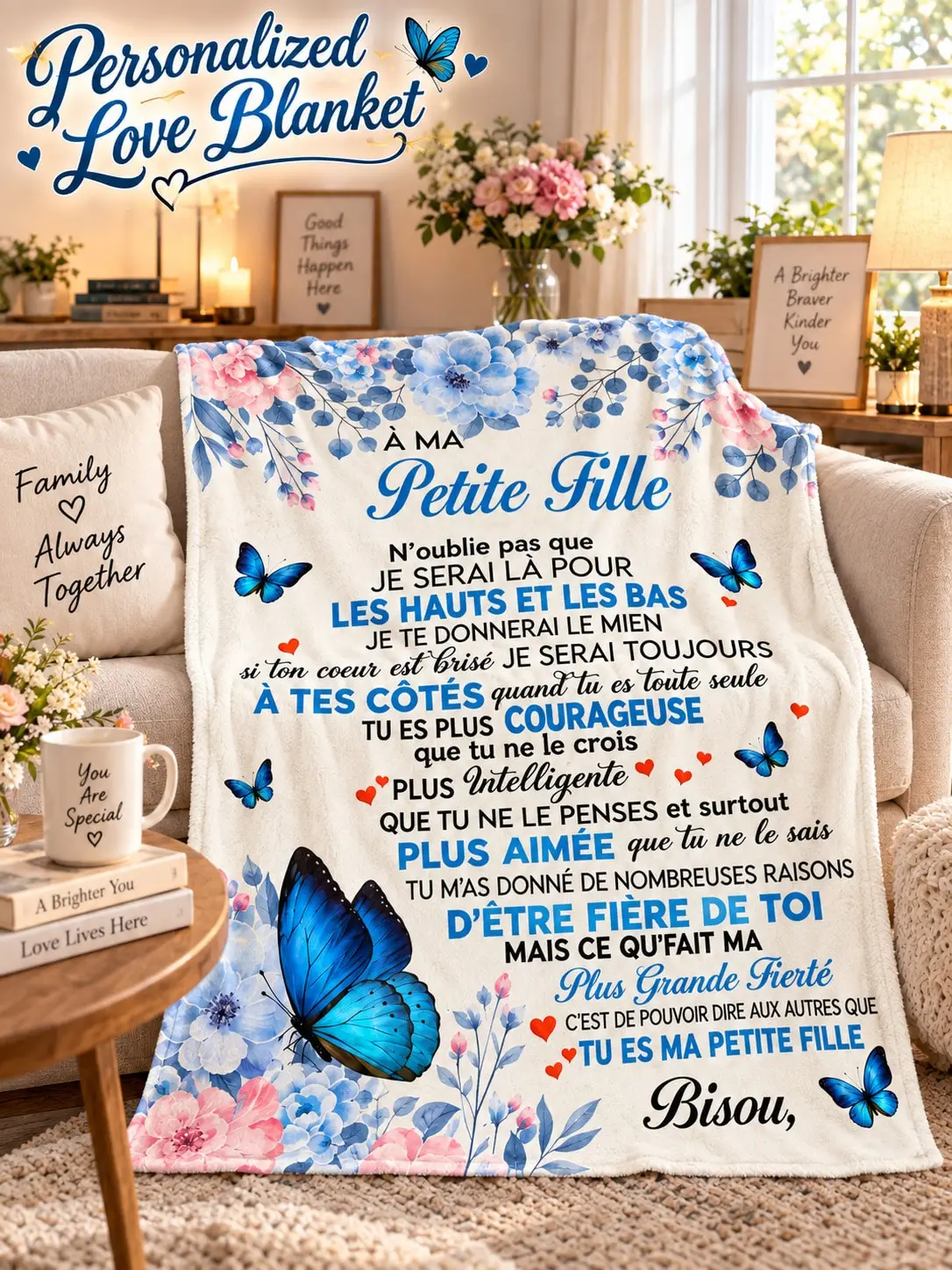 Granddaughter Flannel Blankets & Throws Butterfly Floral French Message Gift From Grandparents for Birthday Christmas Thanksgiving Halloween Anniversary Holiday Bed Sofa Couch Nap Reading Travel Bedroom Family Party Office Dorm Camping Picnic College