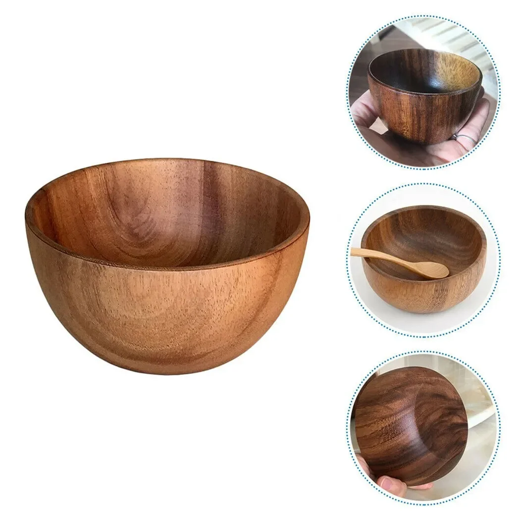 Wooden Salad Bowl, Portable and Washable, Anti Fall Design, Natural Log, Fine Workmanship, Suitable for Soup and Rice