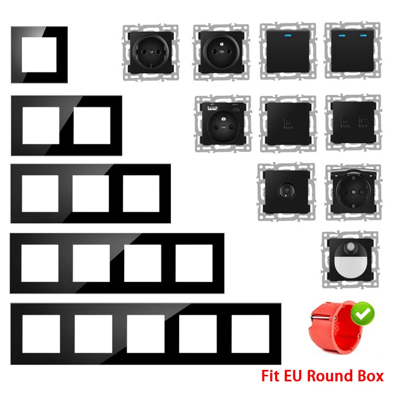 Laodasi Module Frames DIY Black Tempered Glass Panel,EU France Double USB Sockets and Switches Dimmer Foot lamp Rj45 CAT6 RJ11