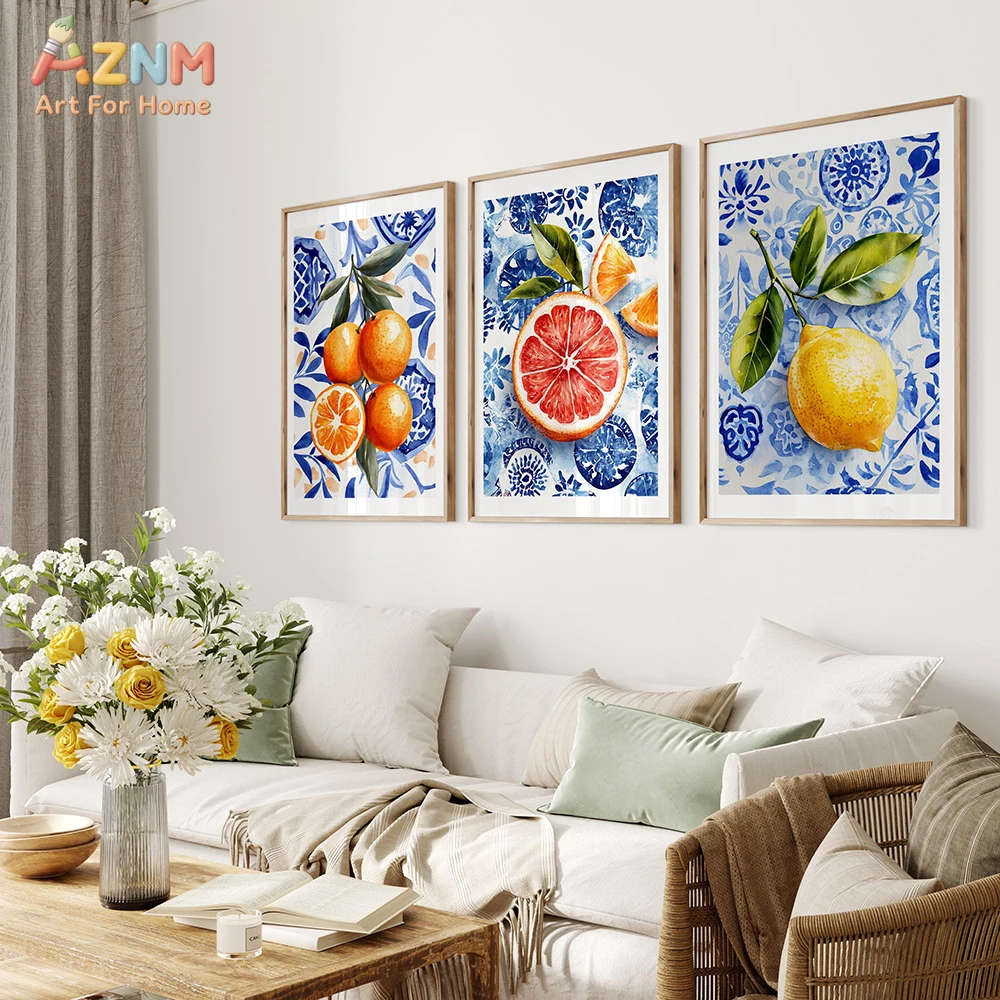 AZNM Watercolor Citrus Fruit Canvas Wall Art, Orange Lemon Grapefruit Blue Tile Mediterranean Print Aesthetic Kitchen Home Livin