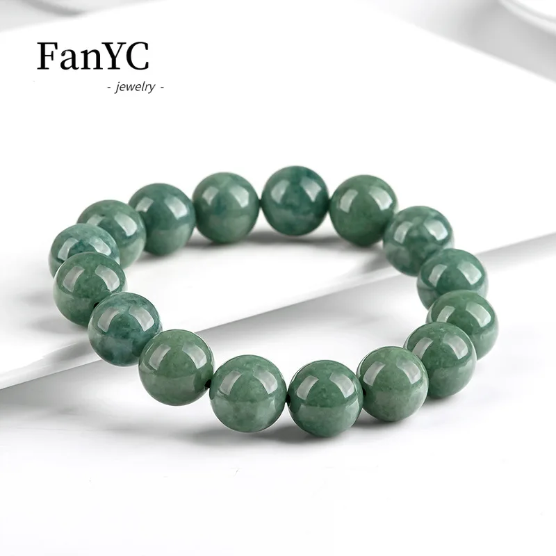 

Natural A-goods Jadeite Round Bead Strings Hand-carved Deep Bean Green Icy Jade Beads Bracelet Men and Women Holiday Gift