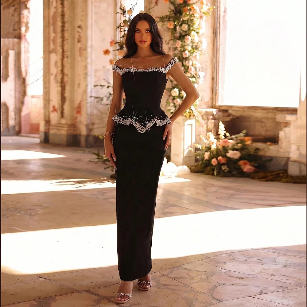 Elegant Fashion Beaded Two Piece Set off the Shoulder Rhinestone Top Side Slit Long Skirt Shining Luxurious Party Evening Gown