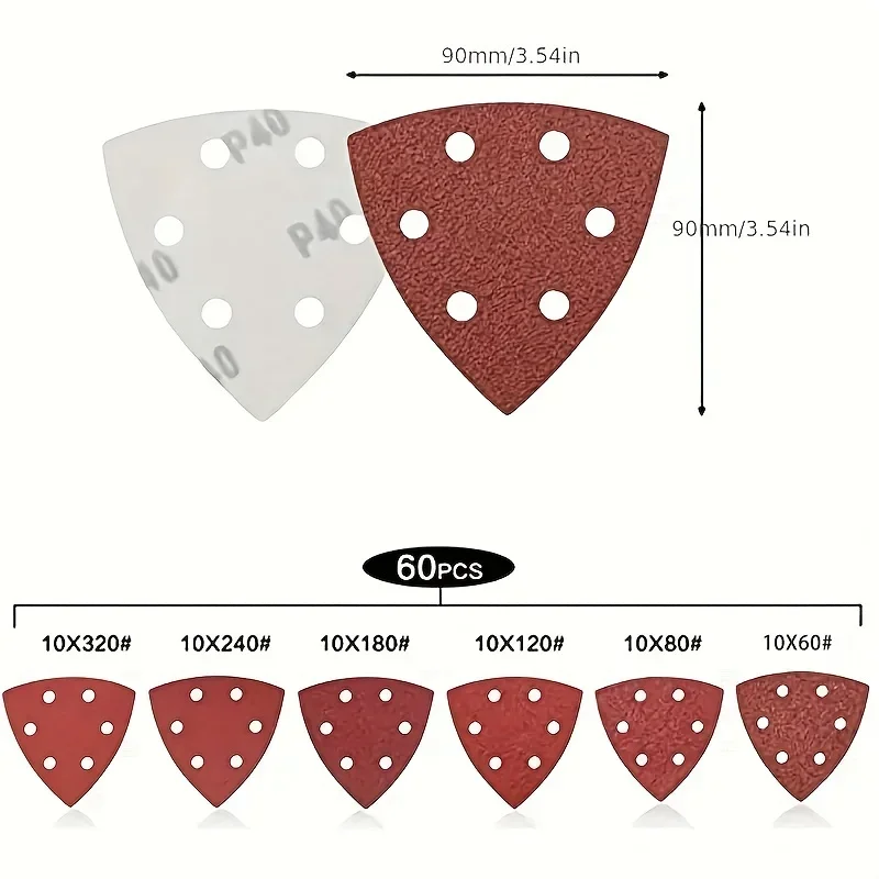 60 Pieces Triangular Sanding Pads -6 Holes, Grain 60/80/120/180/240/320 for Delta/Multi-Jentilles-Perfectes Sanders