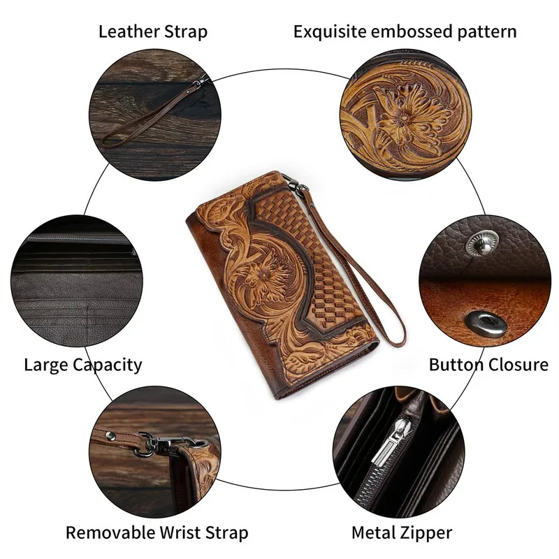 MOTAORA Vintage Embossed Women's Wallet Genuine Leather Long Ladies Wallets For Woman Purse Organizer Clutch Bag With Wristlet
