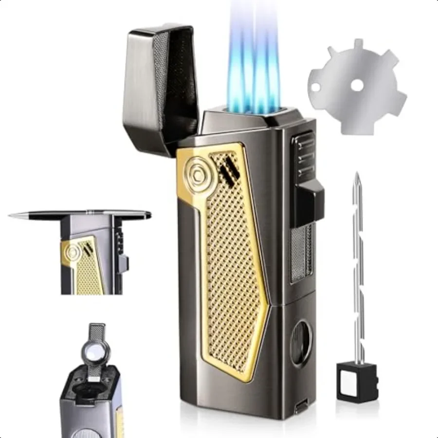 

4-факельная зажигалка с струйным пламенем и держателем для удара, многоразовая бутановая ветрозащитная зажигалка, многофункциональная зажигалка AccoryPremium Gif