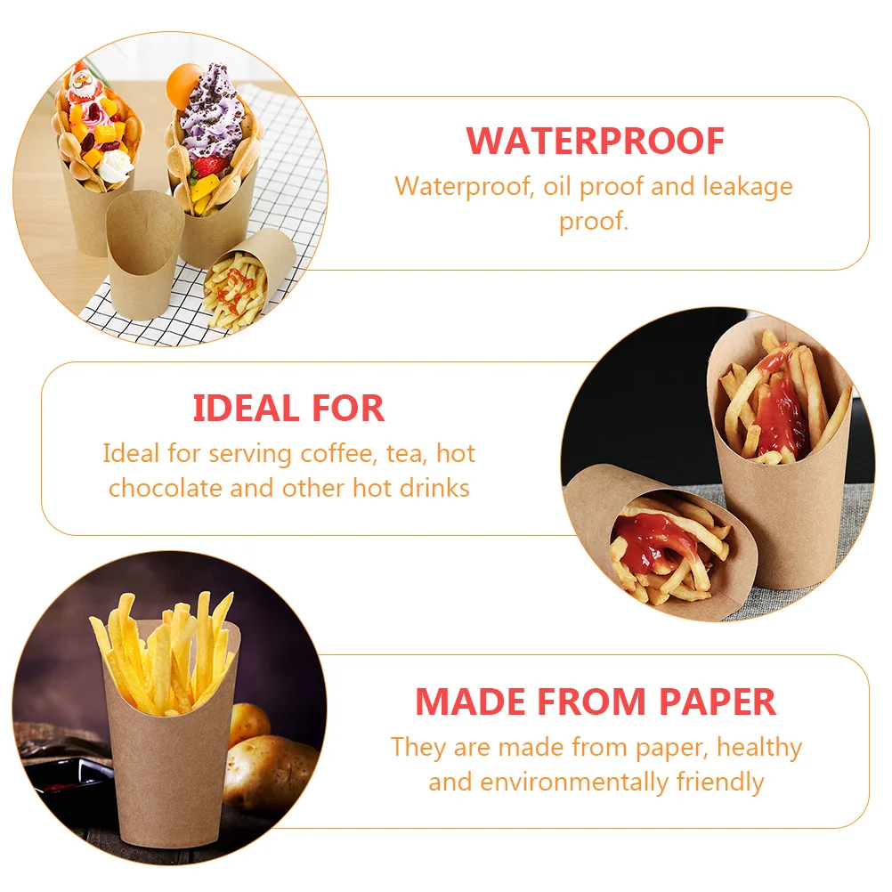 50 Pcs French Fries Packing Bucket Snack Paper Cones Storage Holder Take-out Cup Tub Snacks