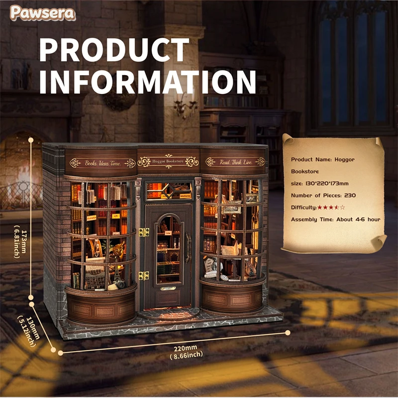 Pawsera Retro DIY Wooden House Figurines Miniatures Kits Magic Bookstore Home Desk Decoration For Adult Handmade Gifts
