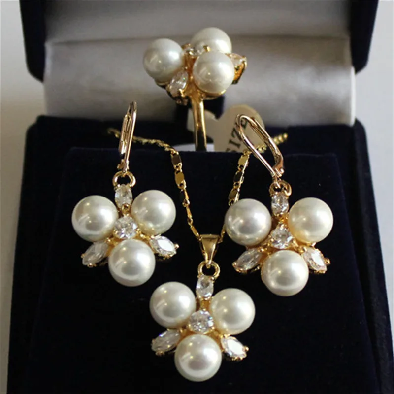 

2 Multi-color Choices 8MM beads golden Charming Jewelry Shell Pearl Pendant Earring Ring Set free chain