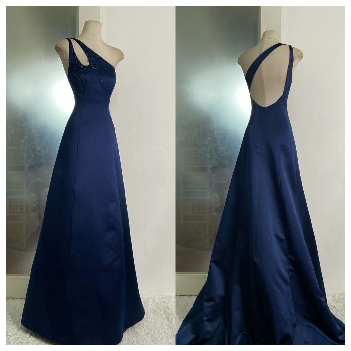 

Customized Exquisite Navy blue Satin Evening Dress One Shoulder Sleeveless Bespoke Occasion Gowns Celebrity Gowns Beading