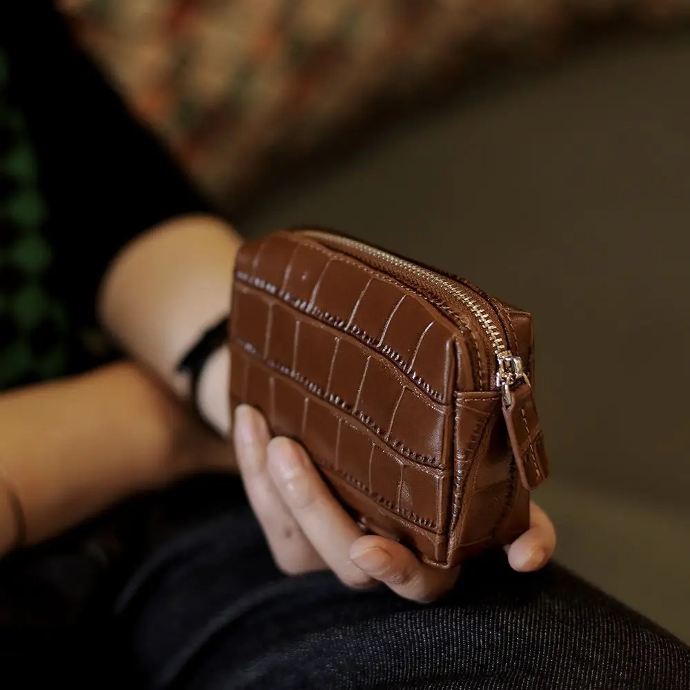 Vintage Crocodile Grain Leather Coin Purse, Zipper Mini Card Holder, Portable Storage Pouch for Coins, Keys and Lipstick