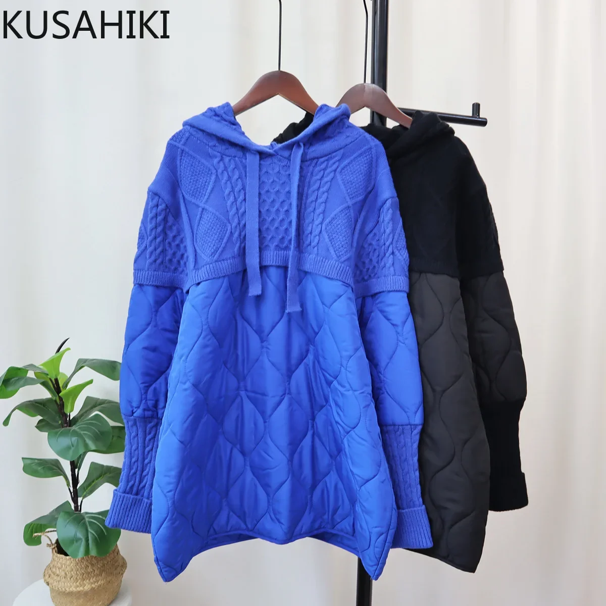 KUSAHIKI 2023 Autumn/Winter New Parka Patchwrok Coat Hooded Knitted Top Korean Versatile Causal Sweater Pullover for Women