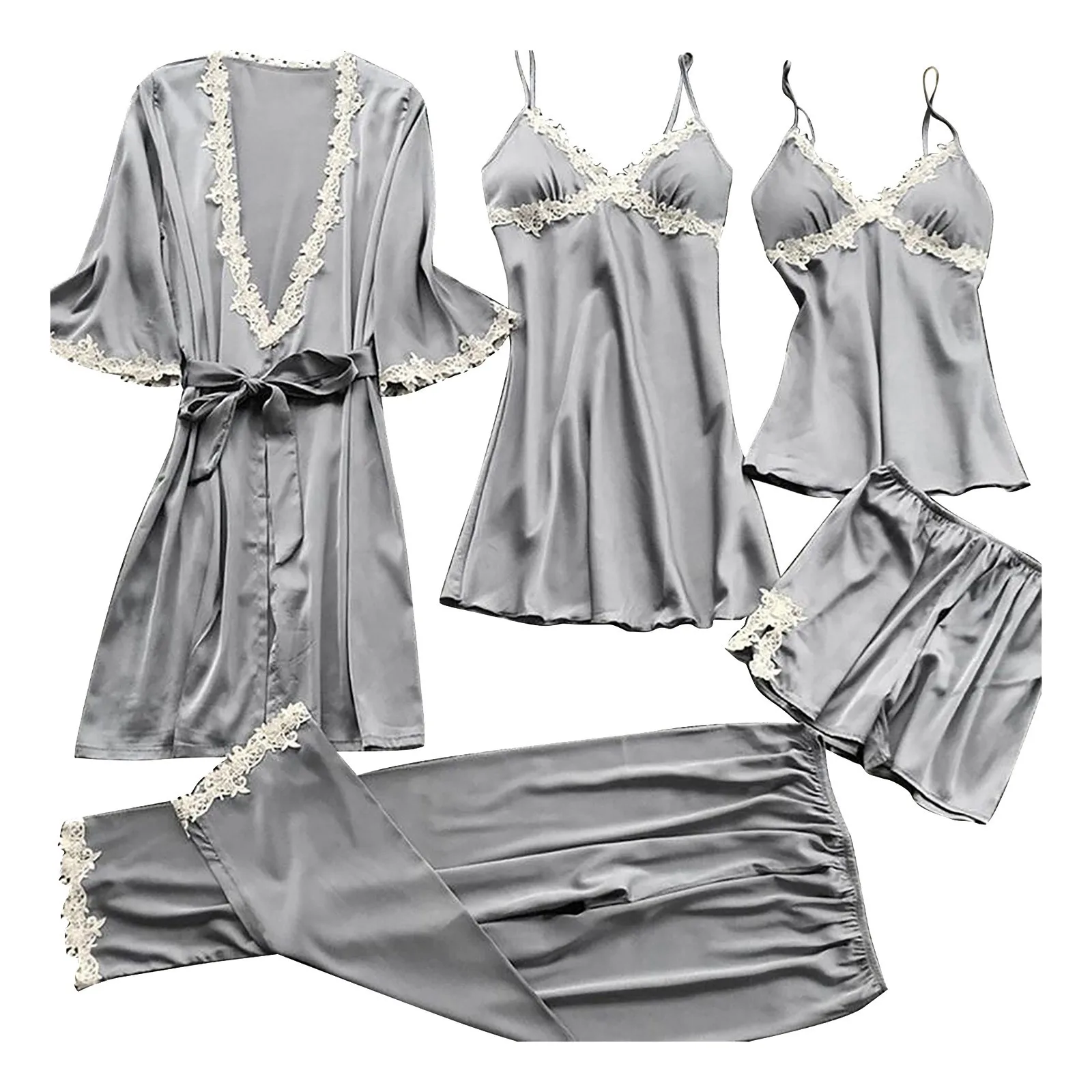 5-Piece Women\'S Dressing Gown Night Dress Sexy Garter Lingerie Set Robes Silk Lace Bodysuit Deep-V Neck Underwear Nightdress