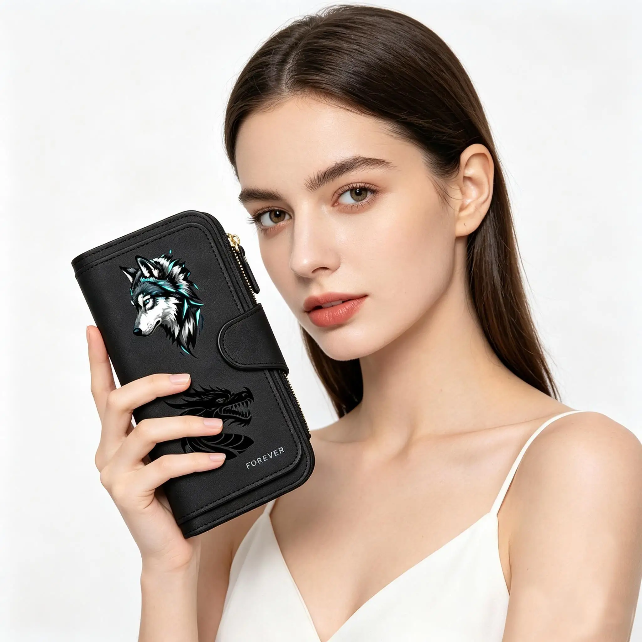 

Wolf Dragon Men Women Wallets Long PU Leather Top 15 Card Holder Female Purse Zipper Wallet For Girls Money Clip