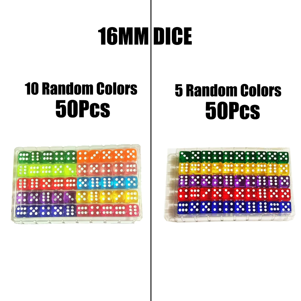 50PCS/Set 6 Sided Dice 16mm D6 16 Transparent Color Acrylic Square Corner Cube Digital Dice For Table Board Games Party DND