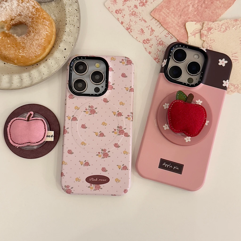 

Ткань Sweet Pink Flower Wave Point Apple с держателем, магнитный чехол для телефона с беспроводной зарядкой для iPhone 17, 16, 15, 14 Pro Max