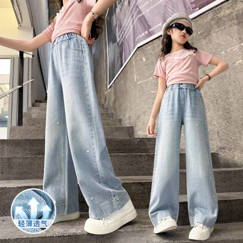 

Джинсовые брюки для девочек "Стразы", летние брюки, летние длинные брюки для подростков, широкие брюки, подходят для детей 7–14 лет.