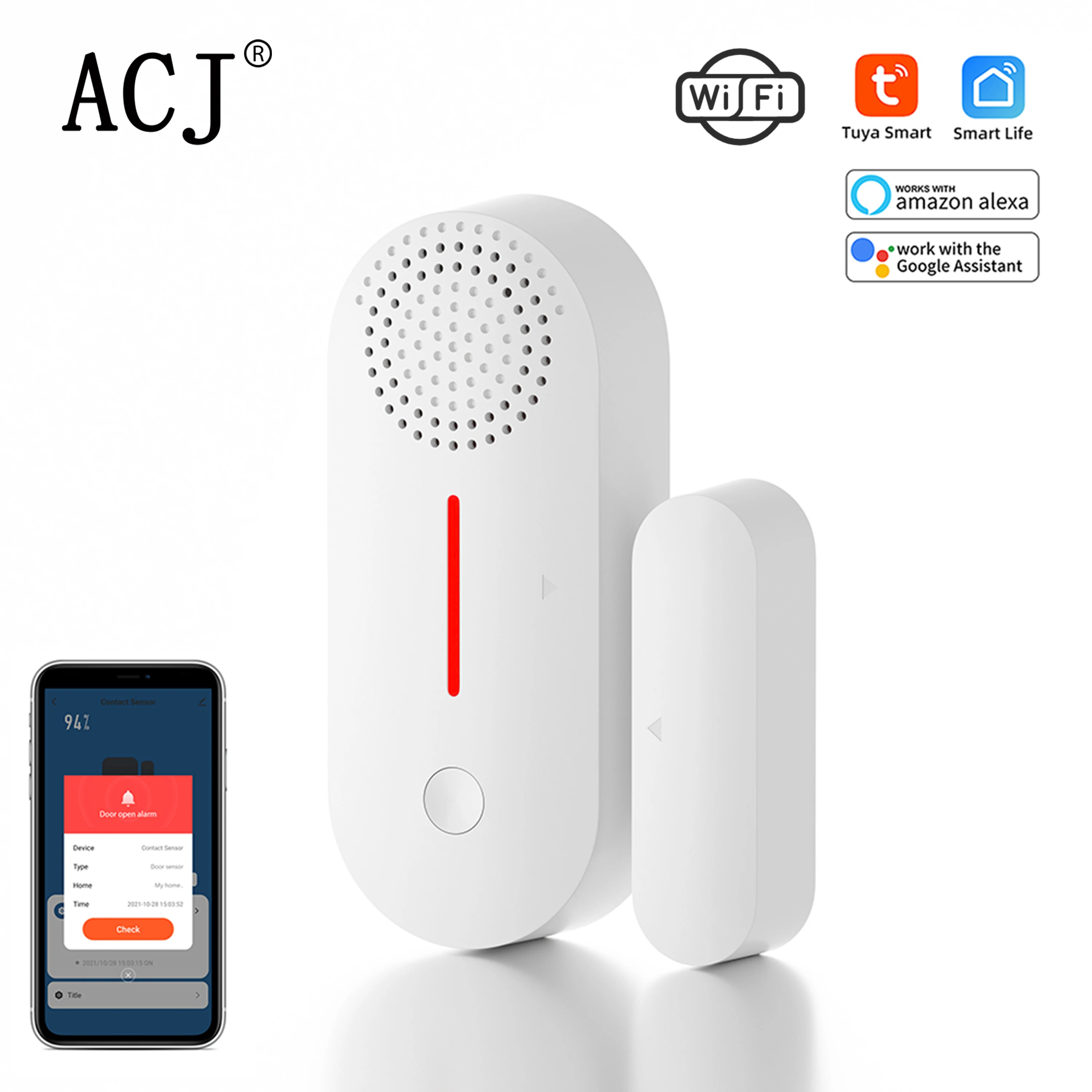 ACJ Tuya Sensor inteligente para puerta y ventana, detectores abiertos cerrados con bocina, Notificación por aplicación Smart Life para seguridad del hogar, WiFi