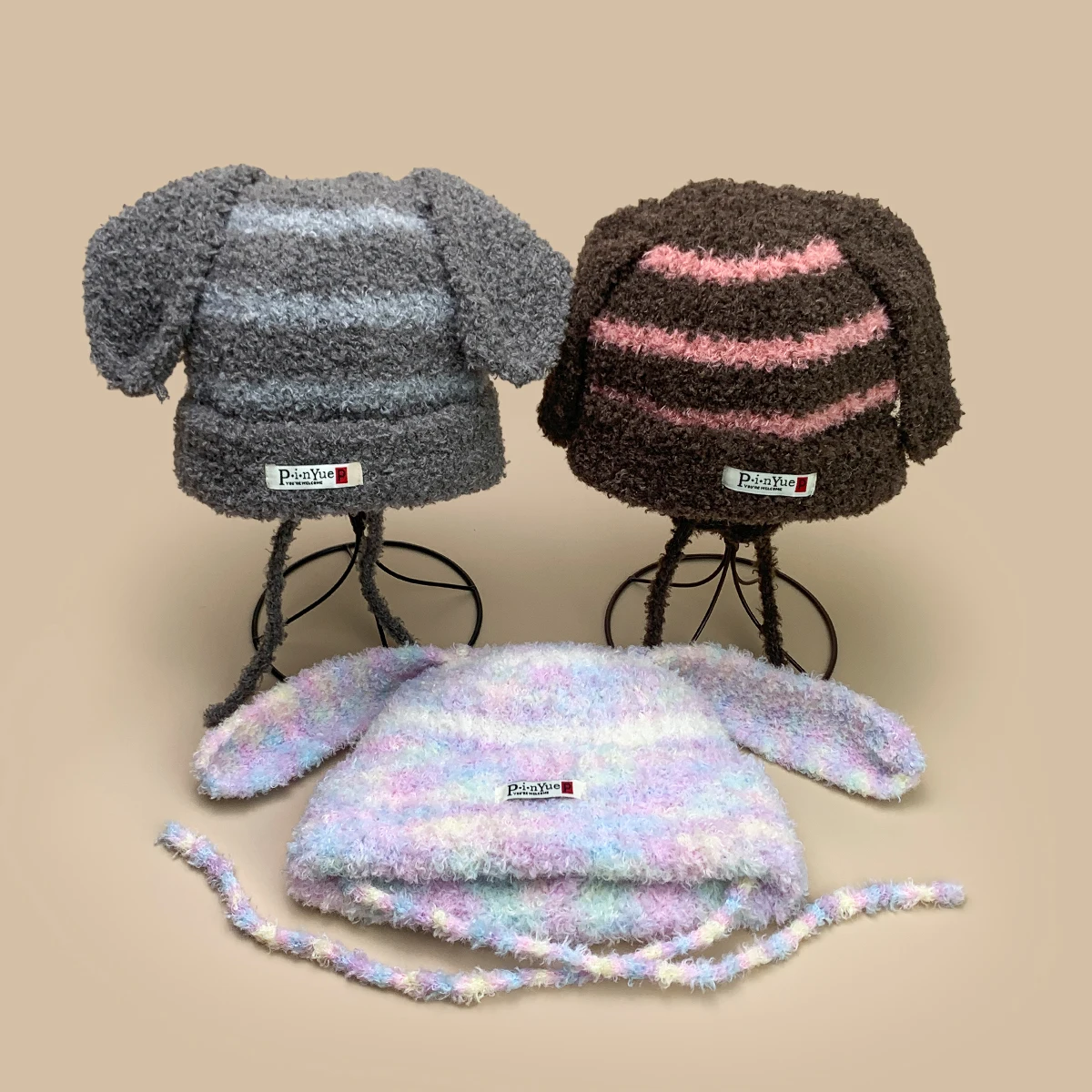 

Sweet Striped Rabbit Ears Patch Letters Wool Knitted Hats New Women Warm Outdoor Fashion Color Block Casual Versatile Beanies