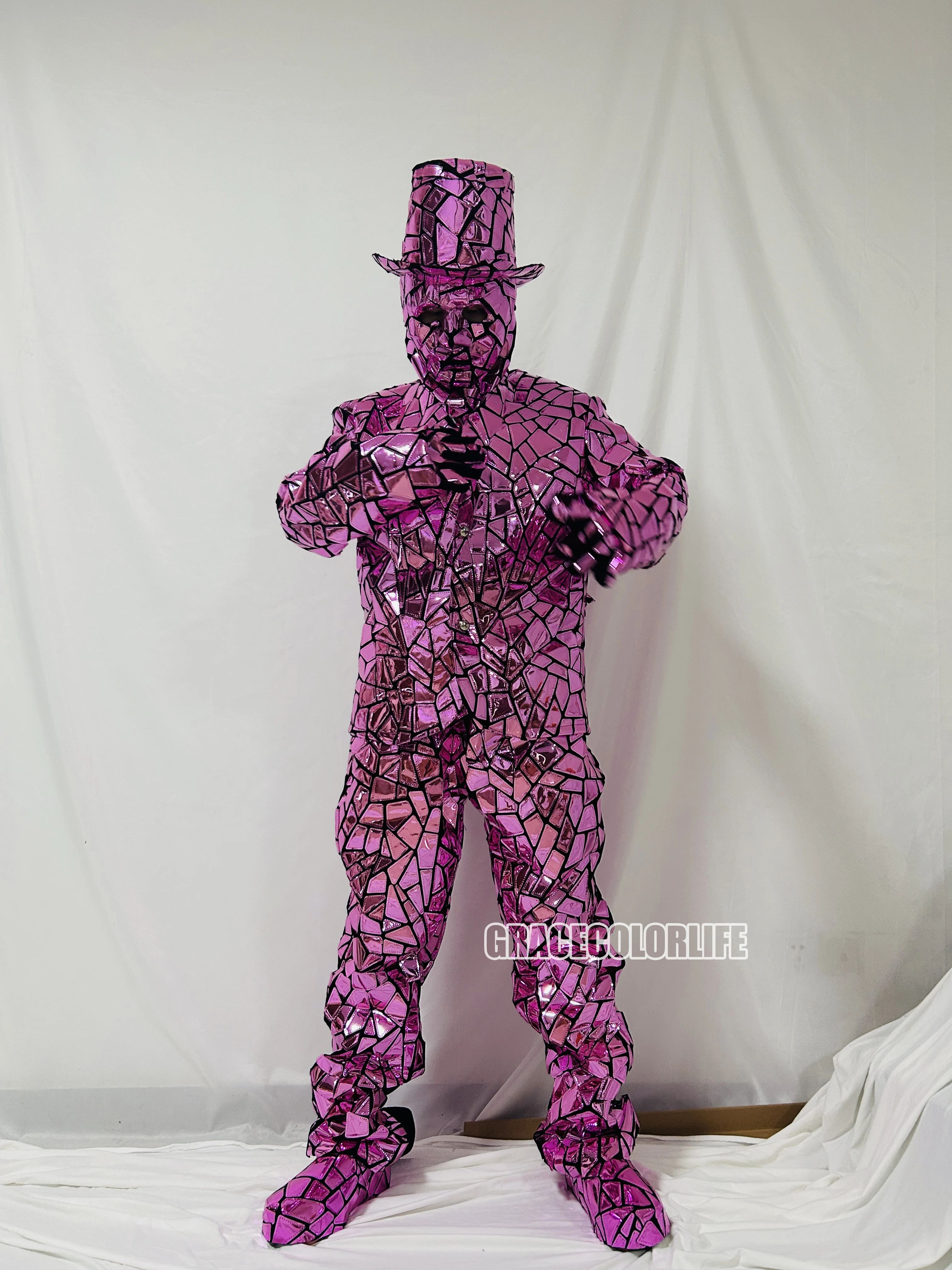 光沢のあるピンクのミラーメンズ仮面舞踏会コスチューム、ヒップホップダンスクルーコスチューム、バーステージパフォーマンス衣装、ホリデーパーティーコスチューム