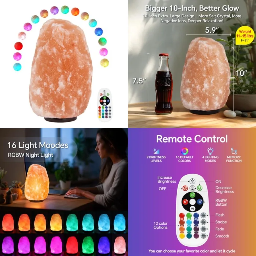 Himalayan Salt Lamp - 9-11 Inch 11-15 lbs, Natural Pink Large Salt Rock Lamp with Remote Control, 16 Color-Changing LED, USB-Po