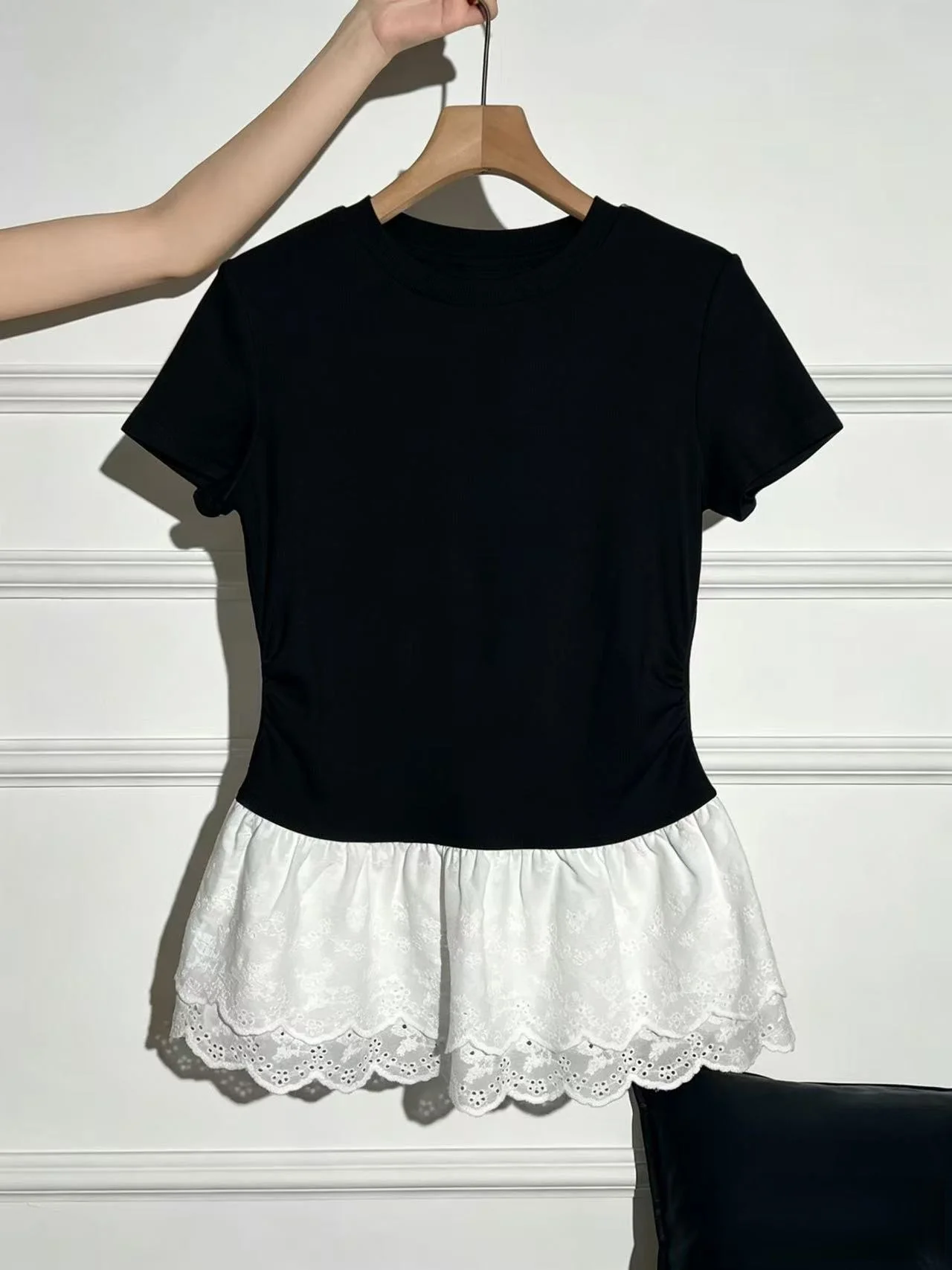 

Slim Fit round Neck Short Sleeve T-Shirt Women's Cotton 95 Lace Hem Summer New Style plus Size Proper Shoulder Top