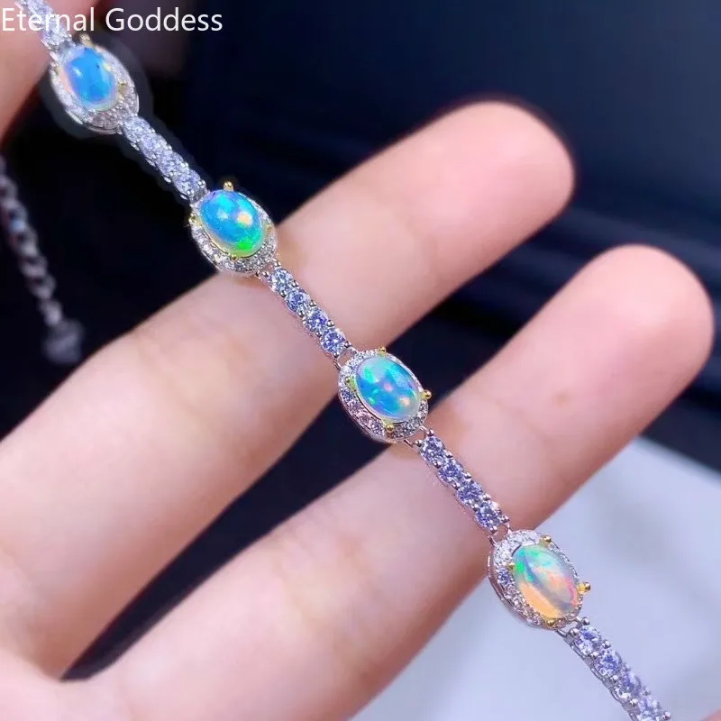 

925 Sterling Silver Genuine Natural Opal Simple Bracelet Colorful Stone Bracelet Women's Fine Wedding Luxury Jewelry