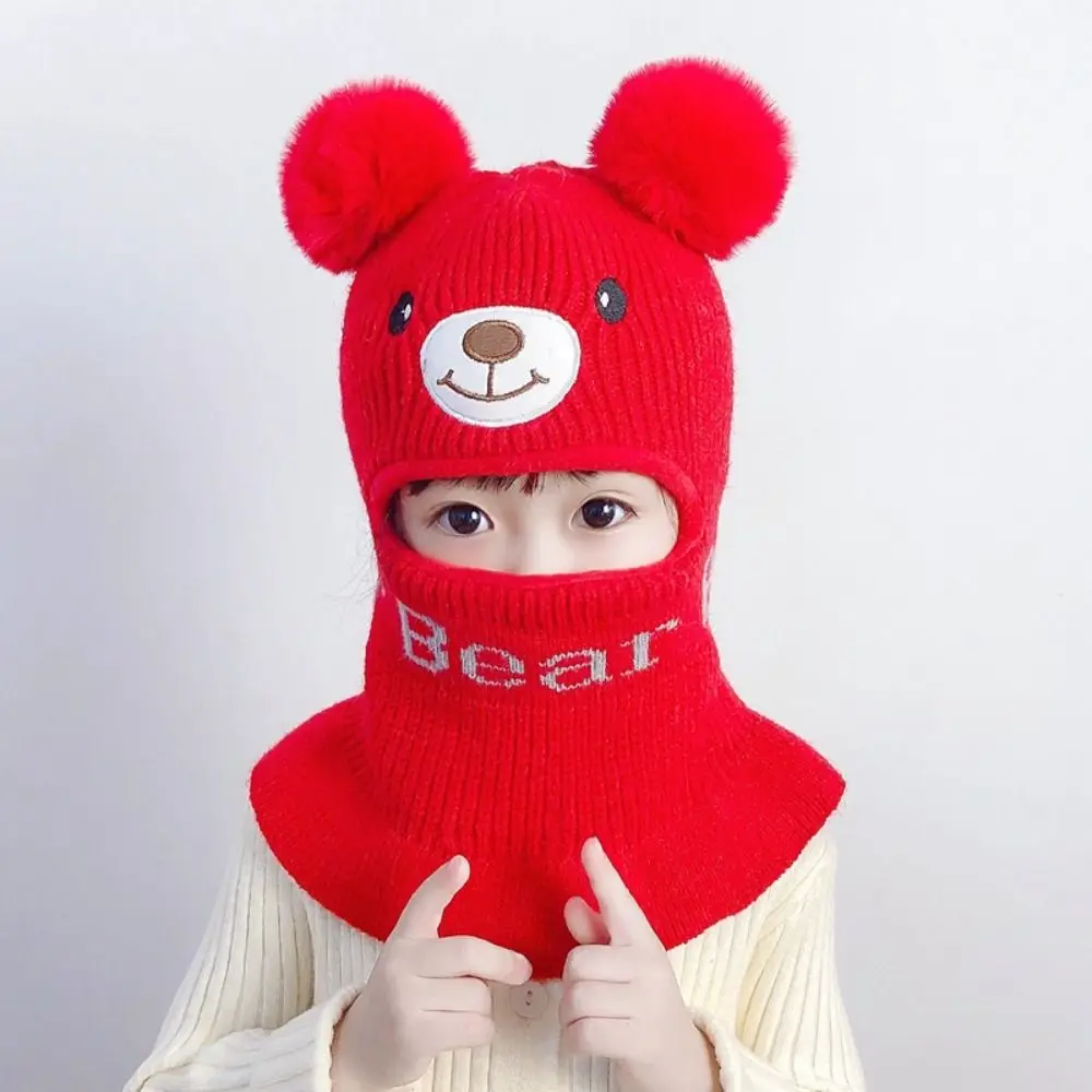 Cute Cartoon Kids Integrated Cap Scarf Knitted Thickening Beanie Hat Scarf Soft Casual Scarf Set Hooded Children