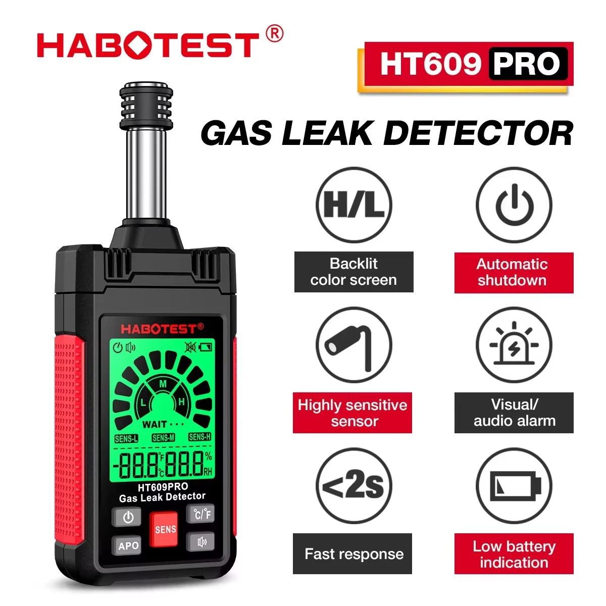 

HABOTEST HT609 Pro Детектор природного газа Детектор утечки газа 0-1000PPM Звуковая и экранная сигнализация Детектор природного метана