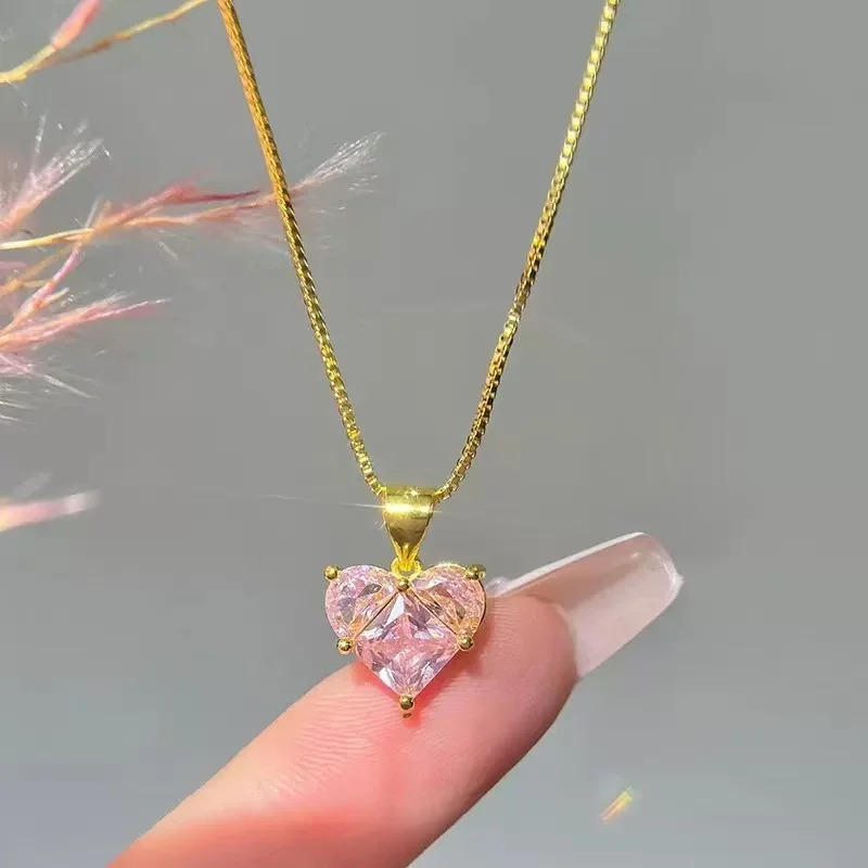 EILIECK 316L Edelstahl Funkelndes Herzförmiges Rosa Zirkonia Halsketten- und Ohrring-Set für Damen Trendiges Geschenk Luxus-Schmuckset – Detail 18