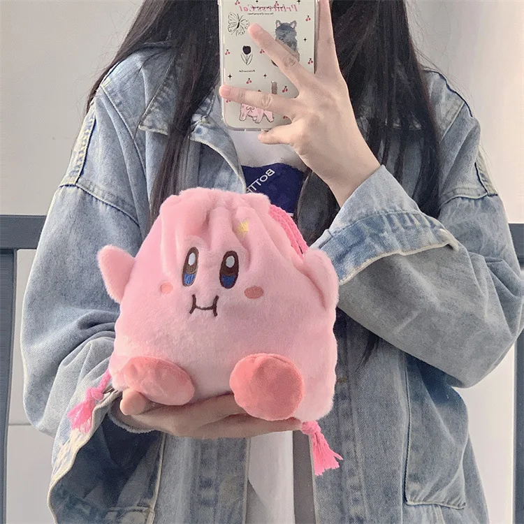 Star Kirby Storage Bag Plush Cosmetic Bag Cute Plush Toy Portable Drawstring Pocket Kawaii Kirby Cartoon Pink Coin Purse Gift