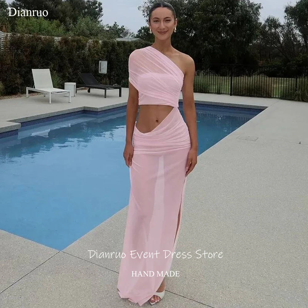 

Вечернее платье Dianruo розового цвета с драпировкой, прозрачное, с вырезом на одно плечо, для вечеринок, с высоким разрезом, из шифона, для женщин, на заказ