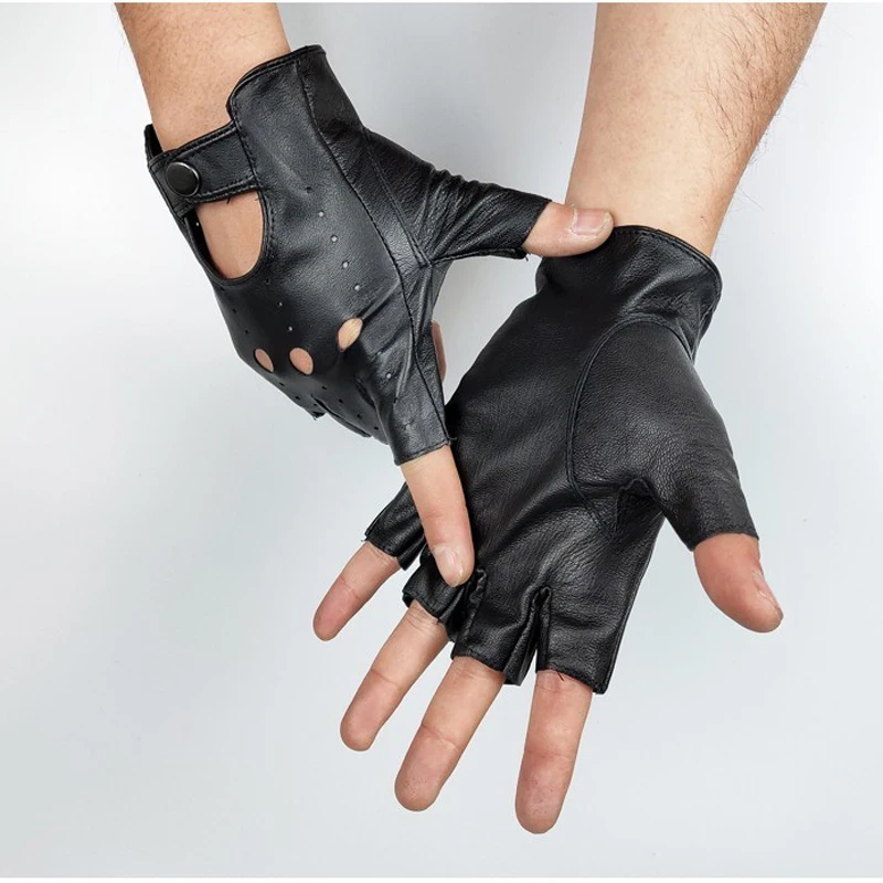 Men's Half Finger Goat Leather Gloves Leather Black Hollow Breathable Thin Buckle Riding Outdoor Sports Driving Gloves