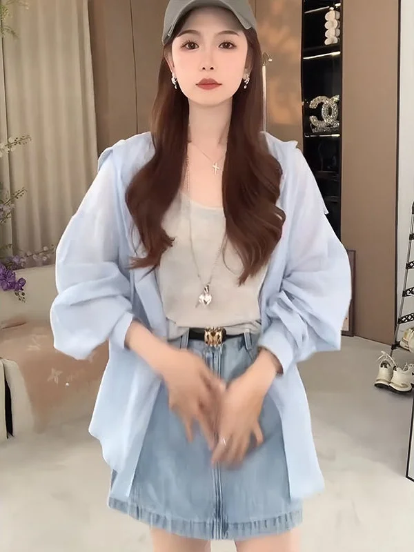 Blaue Kapuze Long Sve irt Damen Sommer Dünn Lose Lazy Sle Sonnenschutz Top Casual Faion Basic Fit Baumwolle irt