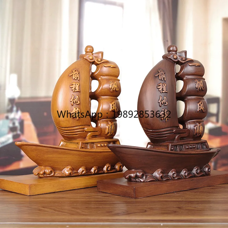 LYY solid wood carving smooth sailing boat ornament birthday gift living room office boat model decoration