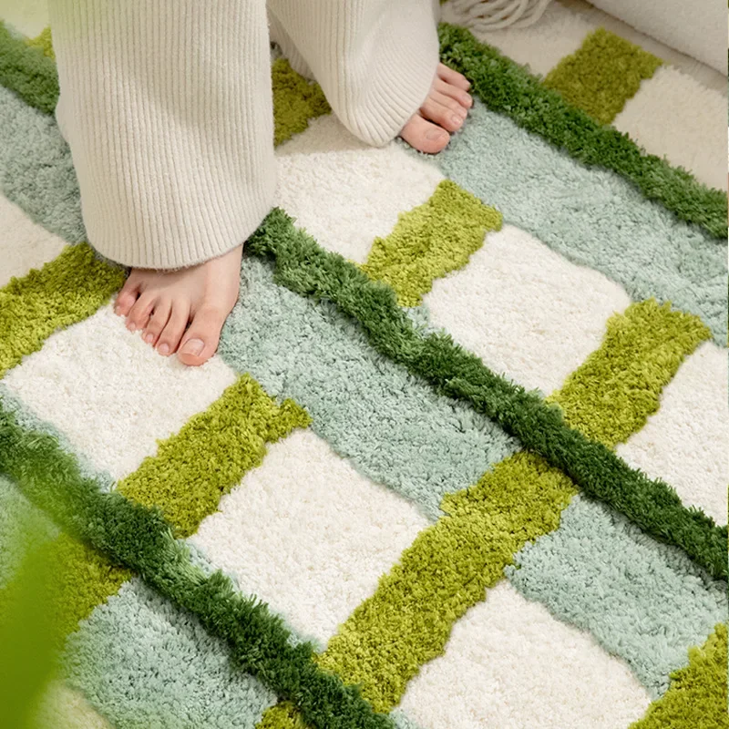 Tufting Carpet 40*120 cm Plush Anti Slip Sofa Area Rugs Bedroom Bedside Floor Mat Household Flocking Cushion Color Blocking Grid