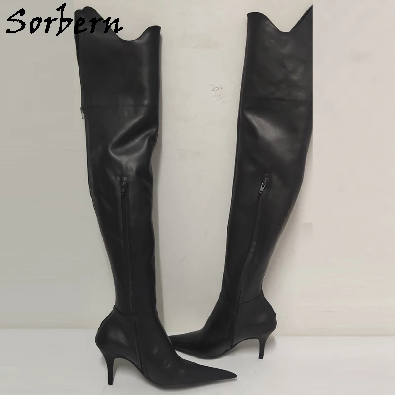 Sorbern Luxury Cow Leather Black Boots Women Mid Thigh High 8Cm Kitten Heels Pointed Toe Fetish Rear Zipper Size Eu37 Custom