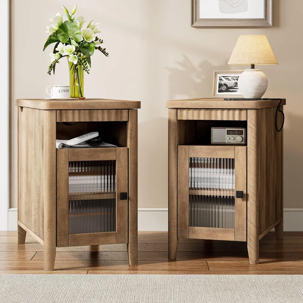 

Narrow Side Table Set with Charging Station Storage Cabinet Small Space Bedside Wooden Brown