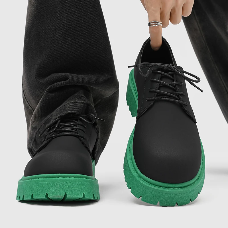 

Men Leather Shoes Black Thick Sole Round Toe Platform Male Casual Derby Shoe Fashionable Young People Mixed Colors Trendy Shoes