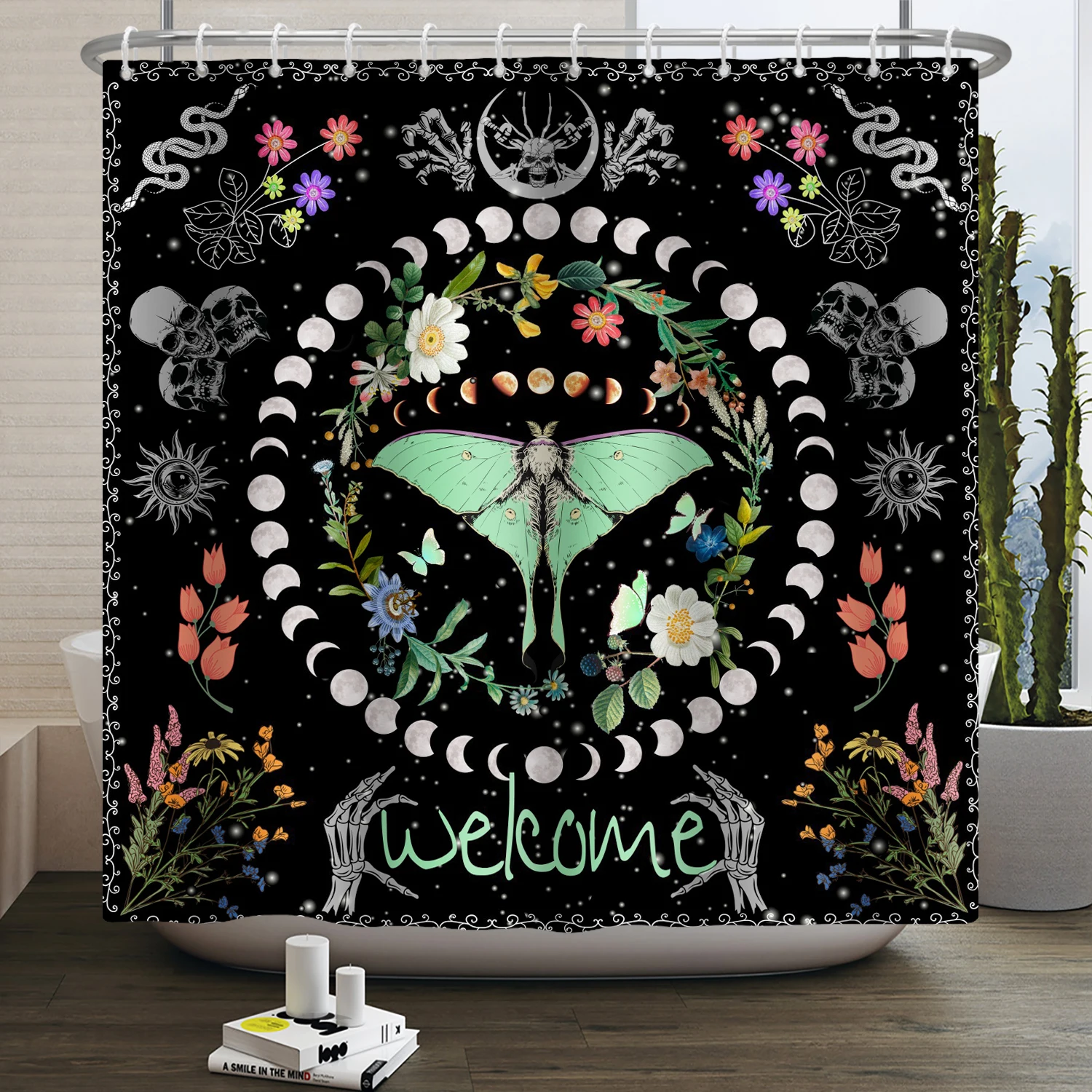 Butterfly Moth Moon Phase Shower Curtain Mushroom Floral Sun Star Plant Flower Goth Witchy Waterproof Bathroom Curtain Home Deco