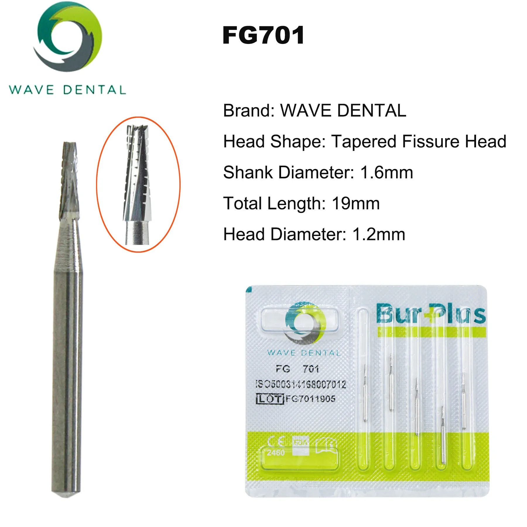 PRIMA WAVE Dental Bur Tungsten Carbide Burs Dentistry Drill Tapered Fissure Cross Cut Long Head Fit High Speed Turbine Handpiece