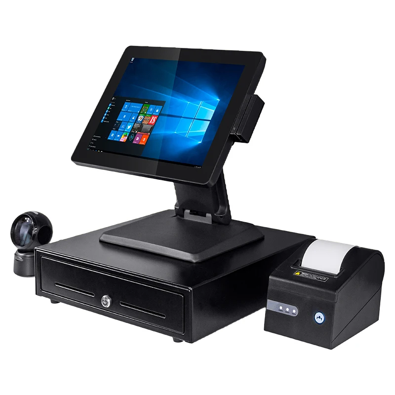 All in One Pos 15 Inch Touch/ Desktop Computer with Barcode Reader Pos  Terminal with Thermal Printer Cash Box