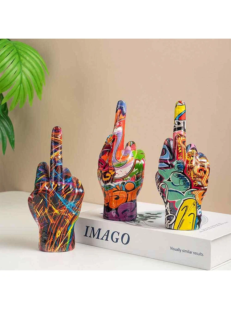 New Graffiti Middle Finger Hand Gesture Water Transfer Resin Finger Figurine Home Desktop Living Room Office Decorative Crafts