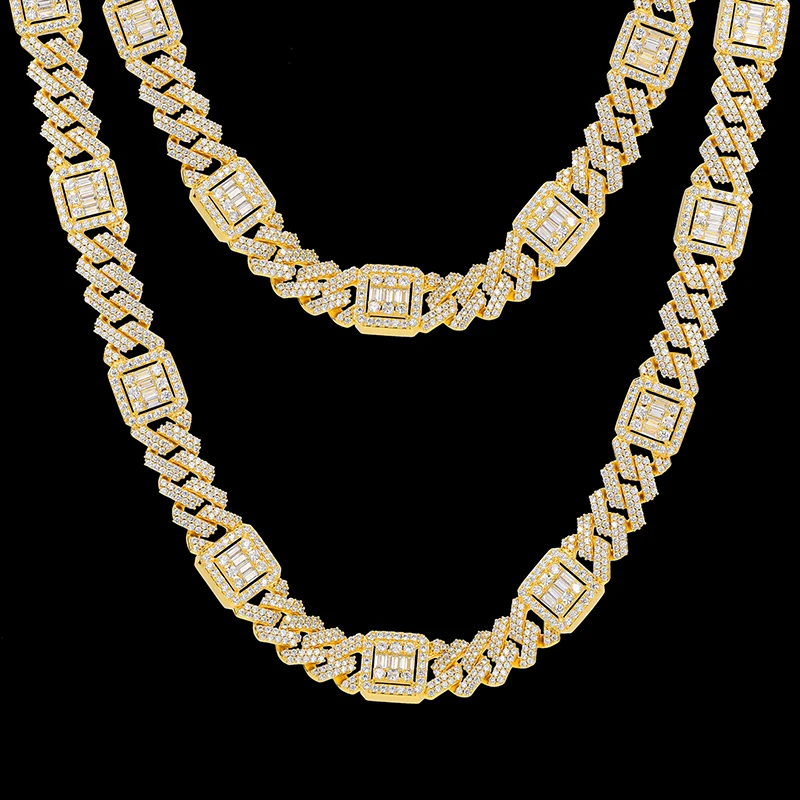 New Arrival Luxury 15mm Gold Plated Solid 925 Sterling Silver VVS Moissanite Diamond Miami Cuban Link Chain Necklace